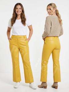 Pantalones de Cuero con Logotipo Personalizado en Relieve, Cintura Alta, Color Amarillo, Ropa de Oficina, Moda Casual, Venta al por Mayor, OEM, Suministro Personalizado - Product Image 4