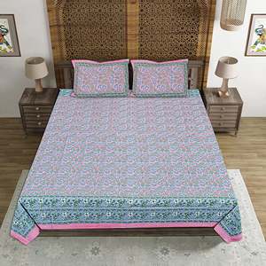 Drap de lit double en coton rose imprimé Jaipuri avec 2 taies d'oreiller, 240 TC, certifié GOTS, 100% coton pour usage domestique dans les salles de bain - Product Image 2