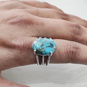 Anillo de Plata de Ley 925 para Mujer con Turquesa Azul Natural, Gema de Nacimiento de Diciembre, Diseño Bohemio de 3 Bandas Trenzadas - Product Image 6