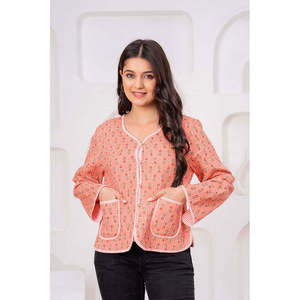 Chaqueta Acolchada de Algodón Hecha a Mano en India, Estampado Floral Color Durazno, Exterior de Cuero Bordado, Logotipo Personalizable, Otoño, Primavera, Invierno, Talla XL - Product Image 6