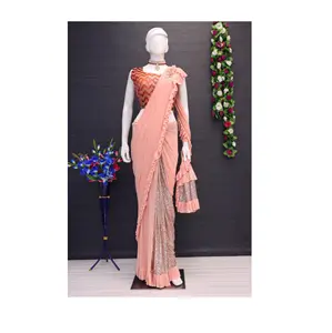 Gaun pesta pernikahan mewah memakai Fashion desainer Pure Banarasi Silver Zari tenun lembut sutra Saree dari produsen India