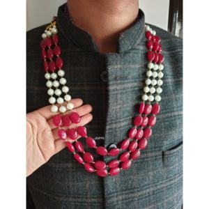 Collar de novio de tres capas rojo y Perla Combo - Product Image 5