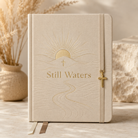 LABON Still Waters Journal de prière spirituelle, carnet chrétien à couverture rigide en lin avec motif croix soleil doré, avec onglets pour versets et breloque