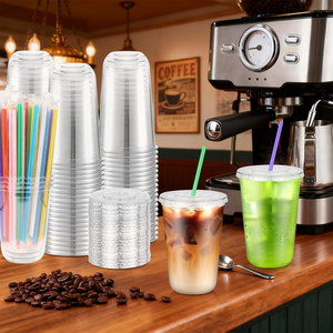 Gobelets jetables modernes transparents écologiques sans BPA avec couvercles plats et pailles pour café glacé, boissons froides, smoothies, bureau, anti-fuite - Product Image 1