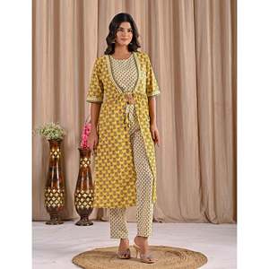 Conjunto de Dos Piezas de Algodón Estampado Amarillo, Top de Manga Corta con Cordones, Talla XS, Trajes de Oficina para la Temporada de Verano - Product Image 6