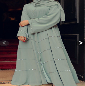 Elegant maroon <b>abaya</b> with fine linear embroidery and bell sleeves. Available at wholesale prices. - Product Image 5