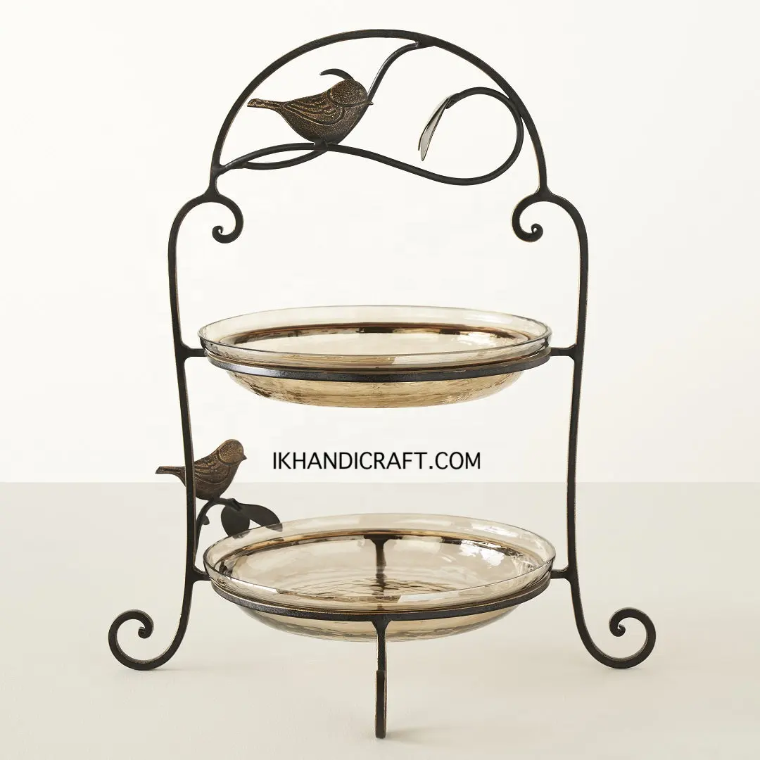 Schlussverkauf 3-stufiger Glas-Metall-Kuchenständer mit Vogel und Zweigen mit Hammer glänzendes geblasenes Glas für Party Hochzeit Tischplatte