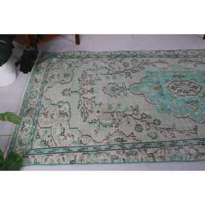 Alfombra Turca Vintage, Alfombra de Lana con Rayas Azules de 4.8x9.5 pies - Product Image 4