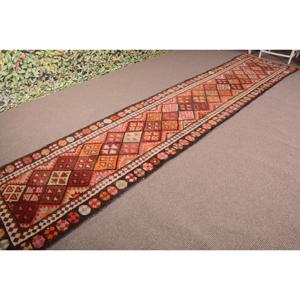 3x14.1 ft Rug, Vintage Turkish Rug, <b>Red</b> Herki <b>Wool</b> Rug - Product Image 2