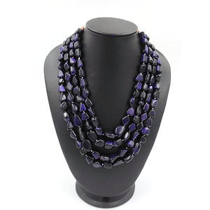 Collier de perles en pierre de soleil bleue, 4 couches de pierres précieuses faites à la main, perles de pierre naturelle Boho, collier épais - Product Image 5