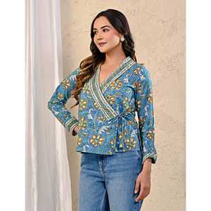 Blusa Azul Jaal con Bordado Floral y Cuello Asimétrico de Tela Popelina con Detalles Laterales en Dori, Blusa Formal Larga para Mujer, Tallas XS a XL - Product Image 4