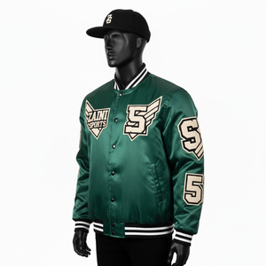 Chaqueta Bomber de Satén de Alta Calidad, Tela Suave y Brillante en Verde con Paneles de Parches Delanteros y Logotipo Personalizado Completo, Chaqueta de Satén para Hombre - Product Image 3
