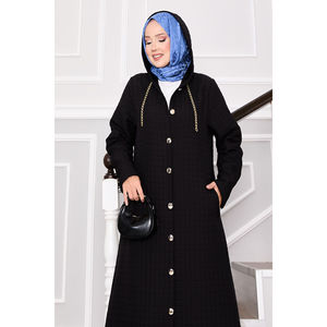 Abrigo Acolchado con Capucha Negra, Cuello de Piel, Relleno de Fibra de Poliéster, Forro de Nailon para Mujer - Talla XS, Largo, Estampado, para Invierno y Otoño - Product Image 2