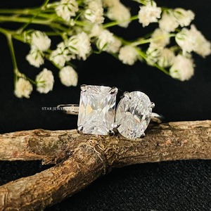 14K Solid Gold <b>Oval</b> & Radiant <b>Moissanite</b> Diamond Toi Et Moi <b>Engagement</b> <b>Ring</b>, <b>Oval</b> & Radiant Cut <b>Moissanite</b> Diamond <b>Ring</b> - Product Image 2