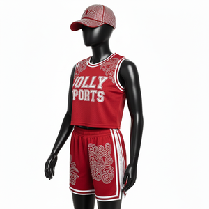 Ensemble short de basketball pour femmes, haut sans manches en maille polyester premium 180 GSM rouge avec logo thermocollé en strass, ensembles pour femmes 100% coton - Product Image 4