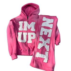 OEM Logo personnalisé toutes les impressions de broderie de détresse poids lourd 300 GSM 100% coton Streetwear à capuche ensemble de pantalons de survêtement évasés - Product Image 4