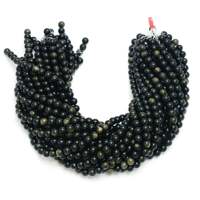Perles lisses en obsidienne dorée naturelle et quartz rutile, taille de perles de 0,8 mm, longueur de 15 pouces, fil de pierres précieuses noir/vert doré pour bijoux