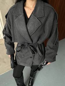 Elegant Gray Brushed <b>coat</b> fabric <b>Wool</b> Blend Trench <b>Coat</b> <b>With</b> <b>Belt</b> Full Sleeve Notched Collar Midi Length Winter Wear - Product Image 5