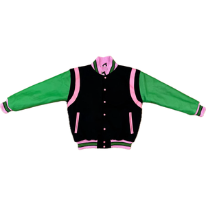 Veste bomber réversible imperméable de style streetwear premium pour fraternité grecque, en cuir vert, soie/coton noir - Product Image 1
