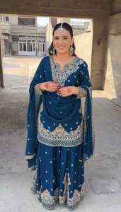 Elite Designer Fashion Chinon Silk Couture Set con intrincadas lentejuelas que fluyen Plazo y encaje detallado Dupatta - Product Image 5