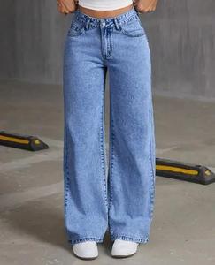 Custom American Style Blue Washed Denim Bordado Pantalones Mujeres Straight Jeans - Product Image 6