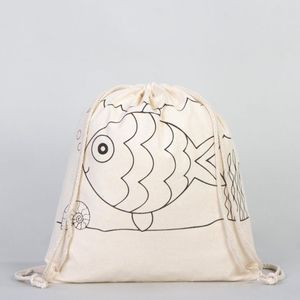 14 W X 16 H (35x 40 Cm) Reusable <b>Drawstring</b> Tote Bag Fish & Boat Printed Dyeable with Felt-tip Pen Cartoon Pattern - Product Image 2
