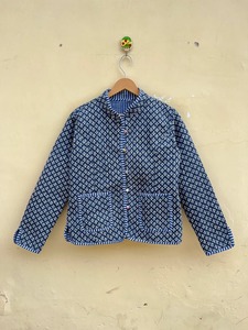 Veste Kimono matelassée en coton indien imprimé bloc biologique pour femme réversible bleu chaud respirant tissu courte longueur hiver - Product Image 5