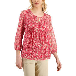 Top da donna Tommy Hilfiger rosso con stampa floreale e arricciature, taglia M, in raso chiffon, casual per primavera/estate - Product Image 1