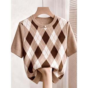 Women's Casual <b>Argyle</b> Print Short Sleeve Cardigan <b>Sweater</b> - Product Image 1
