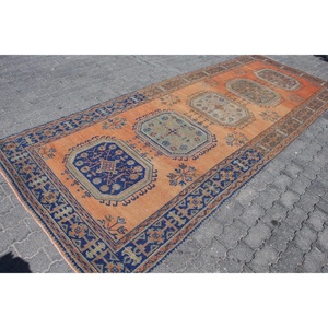 Alfombra Turca Vintage de 4.7x12.4 pies, Alfombra de Pasillo, Alfombra de Lana a Rayas Azules y Naranjas - Product Image 3