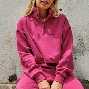Logo personnalisé femmes 87% coton sport pull polaire poches avant demi fermeture éclair Gym vêtements actifs Fitness sweats à capuche courts - Product Image 4