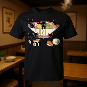 Camiseta con diseño de gatito de anime japonés comiendo ramen y sushi - Product Image 3