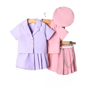 कोरिया फैशन शॉर्ट कोट प्लीटेड स्कर्ट सूट ट्रेंडी सूट बेरेट बेल्ट लड़कियों के कपड़े सेट 3PCS के साथ
