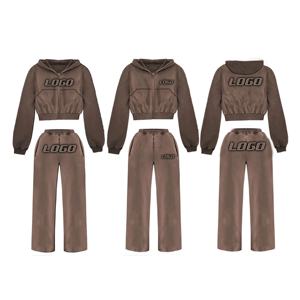Invierno de las mujeres con estilo Hip Hop Streetwear Casual al aire libre recortada mujeres Sudadera con capucha acampanada Jogger Set con logotipo personalizado cuello con capucha - Product Image 1