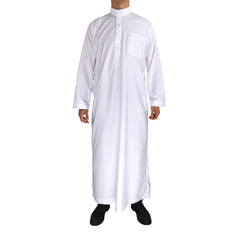 Daffah thobes-nouveau islamique simple couleur blanche vente en gros vêtements musulmans personnalisés hommes col montant thobe hommes musulmans