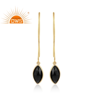 Boucles d'oreilles pendantes élégantes en argent sterling plaqué or 18 carats avec pierre précieuse onyx noir naturel, fabricant de bijoux demi-fins - Product Image 3