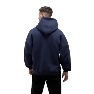 Sweat à capuche oversize bleu marine pour homme, 50% coton 50% polyester, épaules tombantes, streetwear, coupe décontractée, uni, teinture unie, hiver - Product Image 3