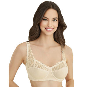Soutien-gorge minimiseur en dentelle de coton filé 385 pour femme, confortable, respirant, sans armatures, push-up, fermeture à crochets, matériau fin en éponge, beige et noir - Product Image 2
