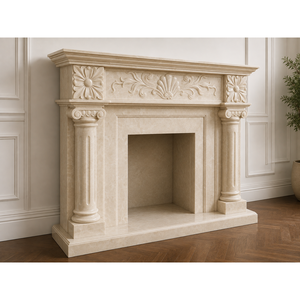 Chimenea Eléctrica con Repisa de Mármol Crema Tallada a Mano y Columnas Iónicas - Product Image 2