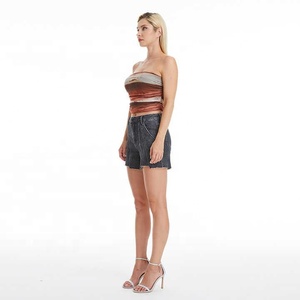 Custom Women's High <b>Waist</b> Dark Denim Shorts Breathable Embroidered <b>Jeans</b> - Product Image 5