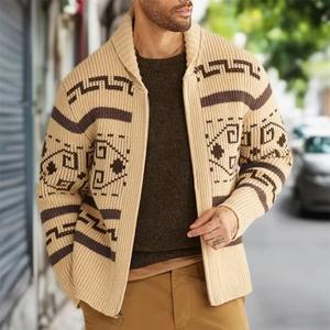 Men Beige Brown Knit Cardigan <b>Sweater</b> Zip Up Vintage Pattern Warm Winter Casual Thick <b>Woolen</b> Jacket Retro Style - Product Image 2