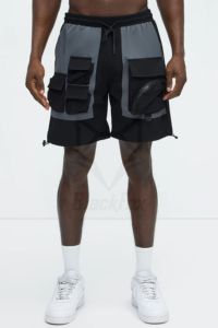 New Summer Street Style Men's Solid Plain Dyed Nylon Short Custom Logo Design Side Hand Cargo Pockets Elastic Waist OEM Services - Product Image 4