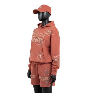 Ensemble court à capuche pour femme en coton et polyester molletonné avec logo en strass thermocollés – Ensemble sweat à capuche et short 100 % coton pour femme - Product Image 4