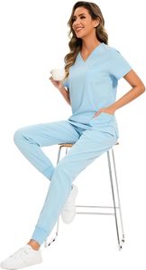 Conjuntos de uniformes de enfermera de Venta caliente de alta calidad, cuello alto, manga corta con colores personalizados y logotipos 2 piezas Unisex - Product Image 6