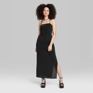 เดรสยาวทรงเข้ารูปผ้าซาตินสีดำสำหรับผู้หญิงไซส์ XXS ยี่ห้อ Wild Fable รุ่นผูกเชือกด้านหลัง เหมาะสำหรับงานกลางคืน ความยาวระดับพื้น พร้อมดีไซน์เอวธรรมชาติ - Product Image 2