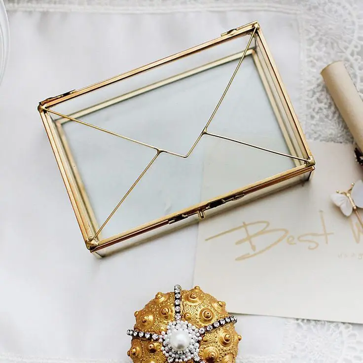 Zarf kutusu Metal ve cam mücevherat kutu ekran vaka dikdörtgen tasarım ev dekore temizle cam kutu vaka altın bitmiş