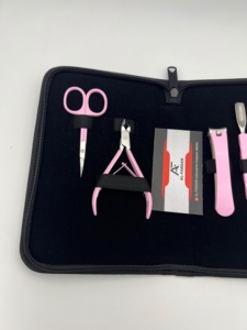 Private Logo Solid Stainless Steel Manicure <b>Pedicure</b> <b>Tools</b> Kit Pink Color Nail Cutter Clipper Nipper Pusher Scissors with Pouch - Product Image 3