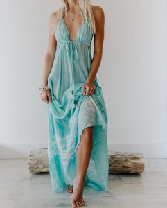 ชุดเดรสยาวผ้าเรยอนสำหรับผู้หญิง, เดรสชายหาดแขนกุดเปิดหลังฤดูร้อน - Product Image 1