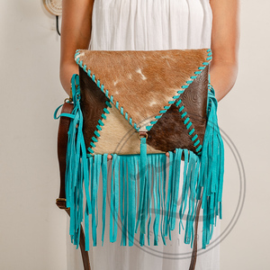 Sac à main en cuir de vachette véritable à poignée unique avec franges sculptées Sac à bandoulière bohème portable Chaînes Décoration Hiver - Product Image 6
