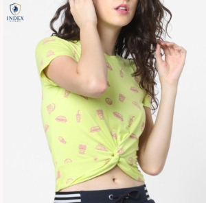 Index Apparel Women's Lime Green Crop <b>Top</b> Short Sleeve O-Neck Printed Casual T-Shirt Spring Summer Wear - Product Image 1